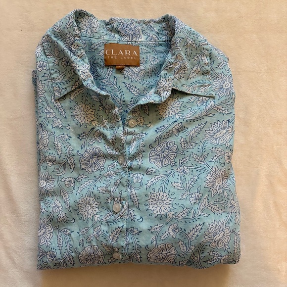Clara The Label Tops - Clara the Label Aqua Blue Floral Cotton Button Up Shirt